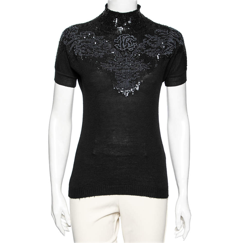 Pre Owned Roberto Cavalli Black Wool Embellished Short Sleeve Sweater M