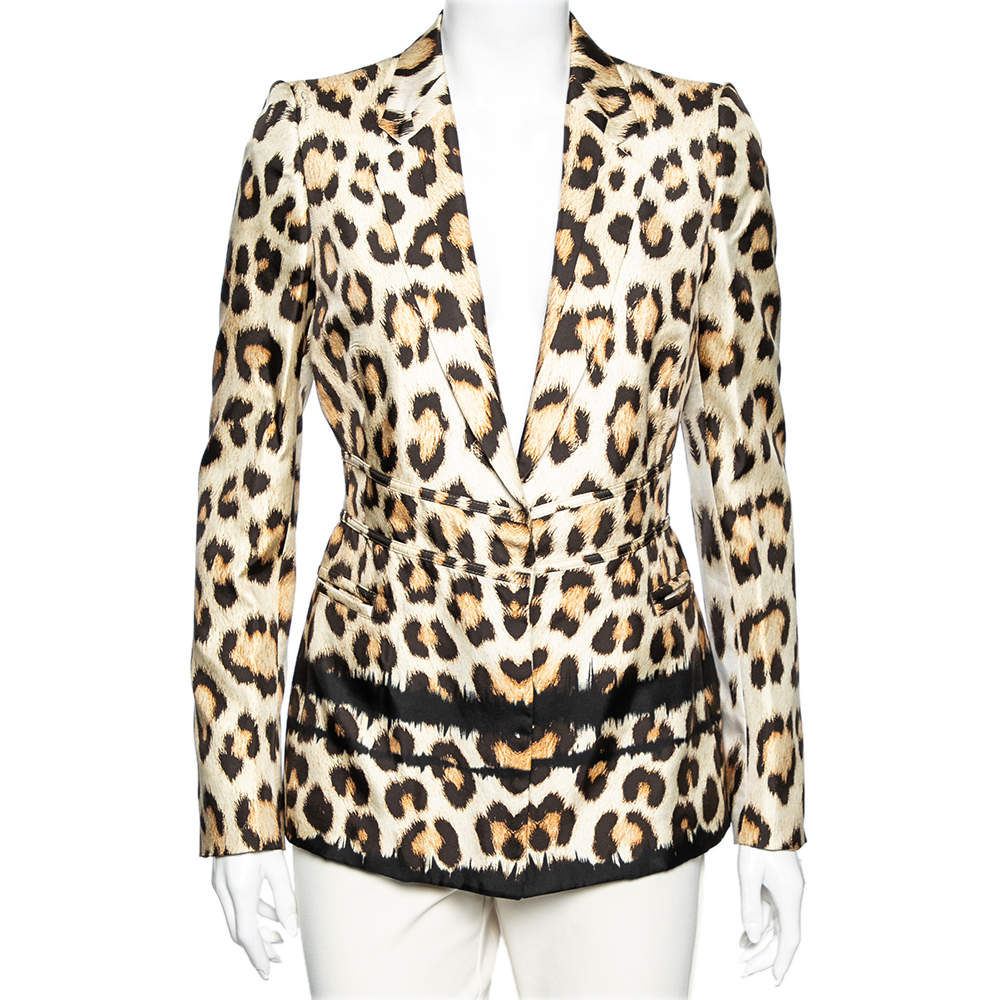 Pre Owned Roberto Cavalli Beige Animal Printed Silk Single Breasted Blazer M