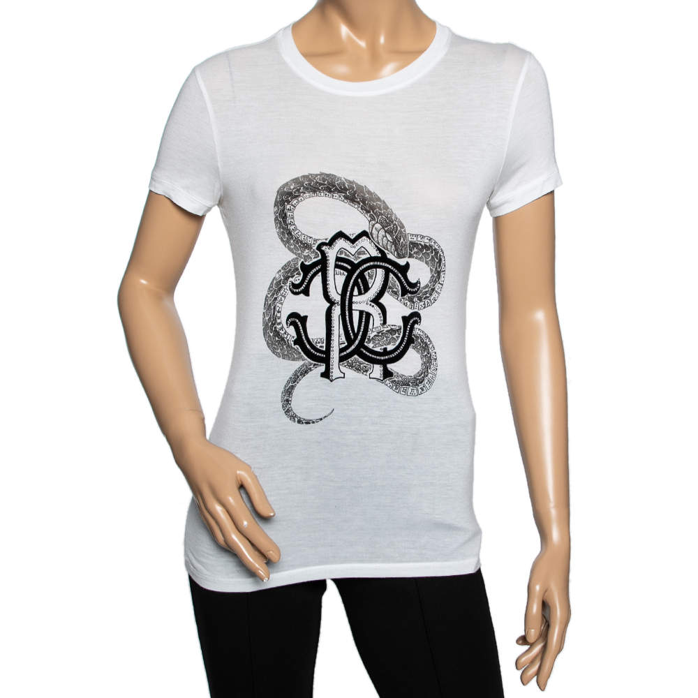 Pre Owned Roberto Cavalli White Flocked Logo Printed Bamboo Knit T-Shirt M