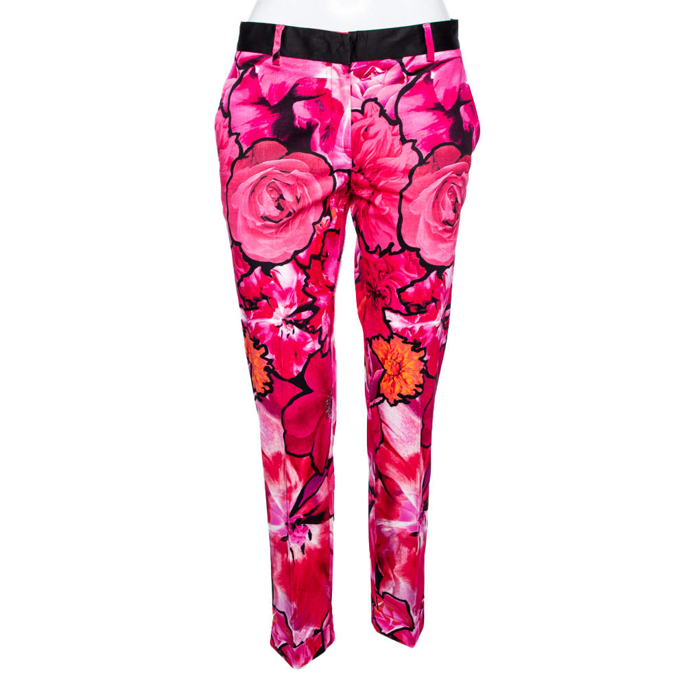 Pre Owned Roberto Cavalli Pink Floral Print Stretch Cotton Pants M