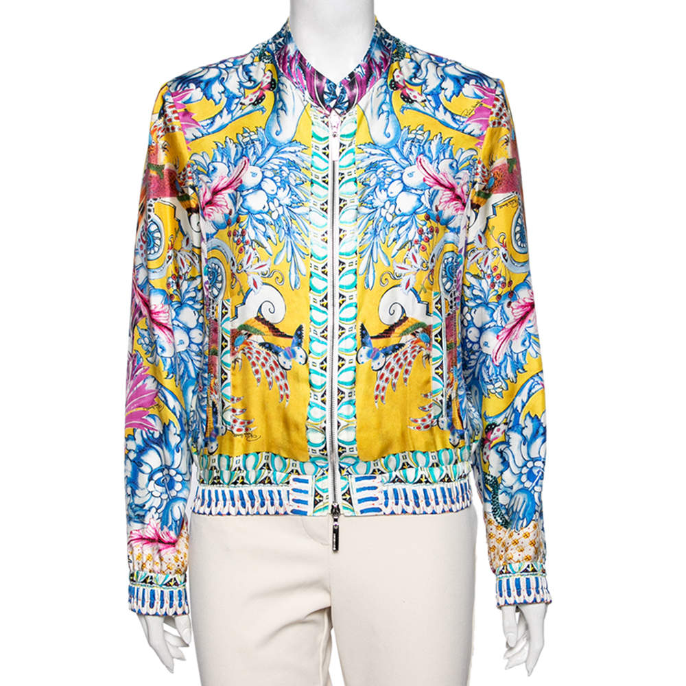 Pre Owned Roberto Cavalli Multicolor Printed Silk Bomber Jacket M