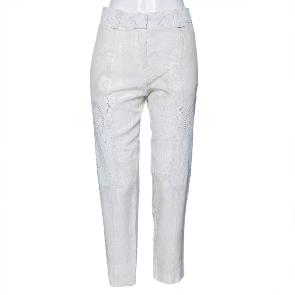 Pre Owned بنطلون روبرتو كافالي حرير مطبو ع أوف وايت بأرجل ضيقة مقاس متوسط - ميديوم
