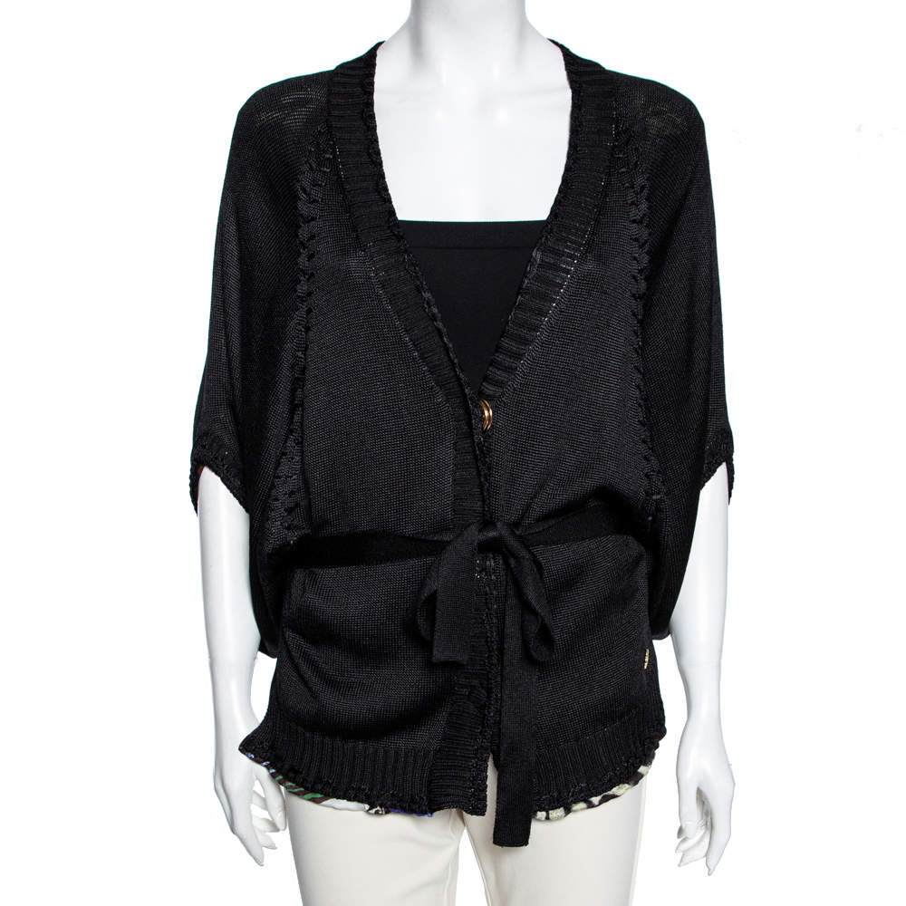 Pre Owned كارديغان روبرتو كافالي تريكو أسود محزم بأزرار أمامية مقاس متوسط