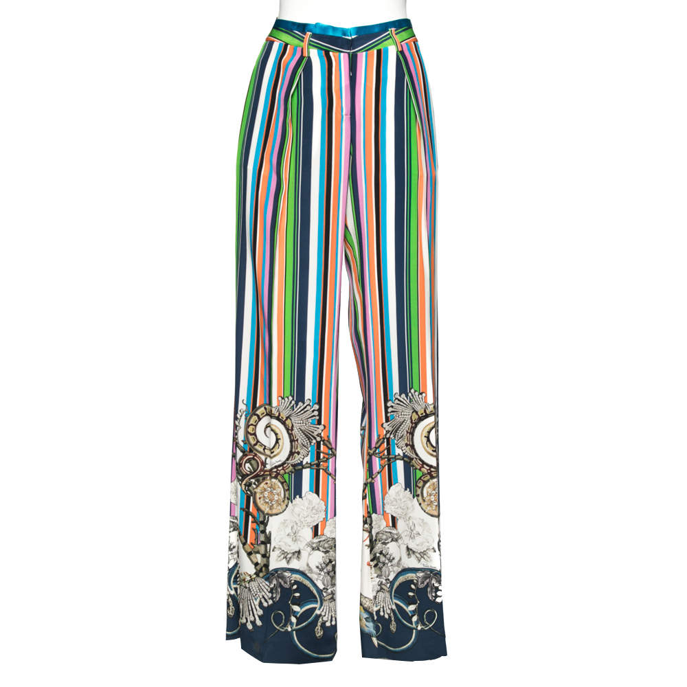 Pre Owned بنطلون روبرتو كافالي حرير مطبوع متعدد الألوان واسع مقاس متوسط (ميديوم)