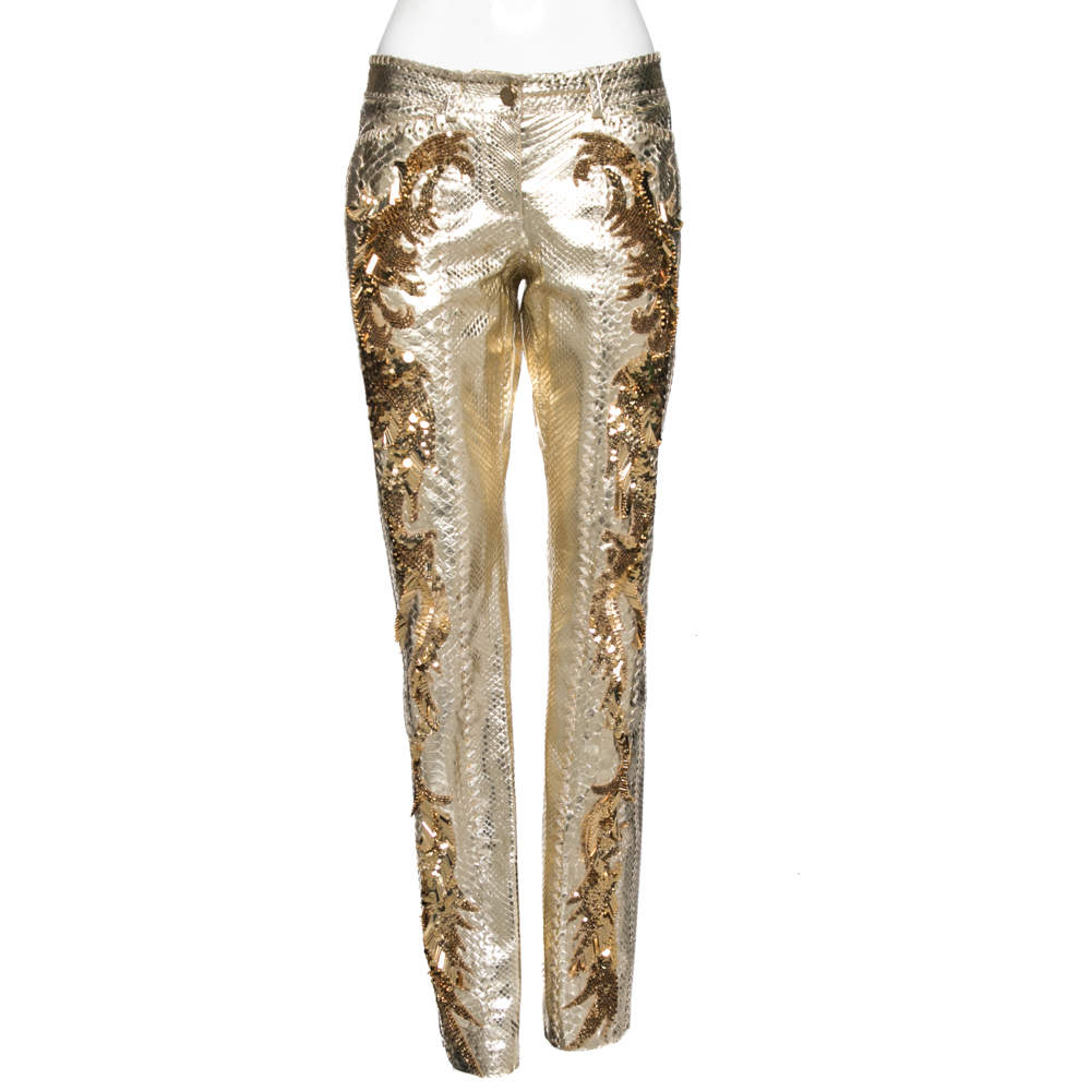 Pre Owned Roberto Cavalli Gold Python Leather Sequin Embellished Pants M