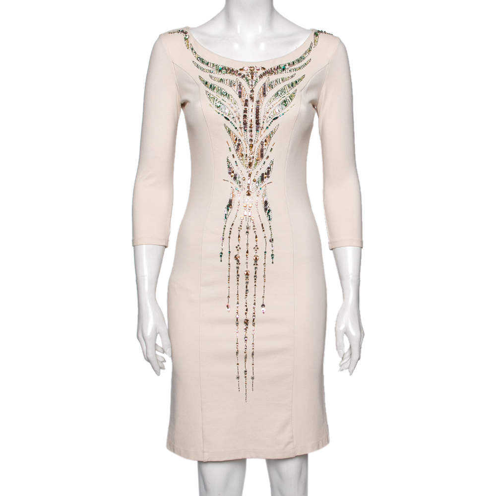 Pre Owned Roberto Cavalli Light Pink Embellished Sheath Dress M