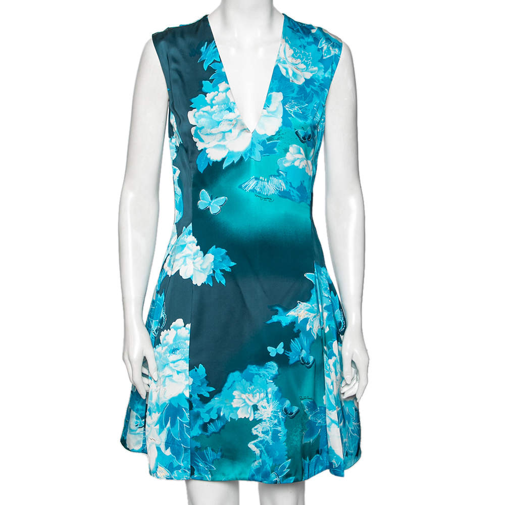 Pre Owned Roberto Cavalli Blue Butterfly Printed Satin Sleeveless Midi Dress M