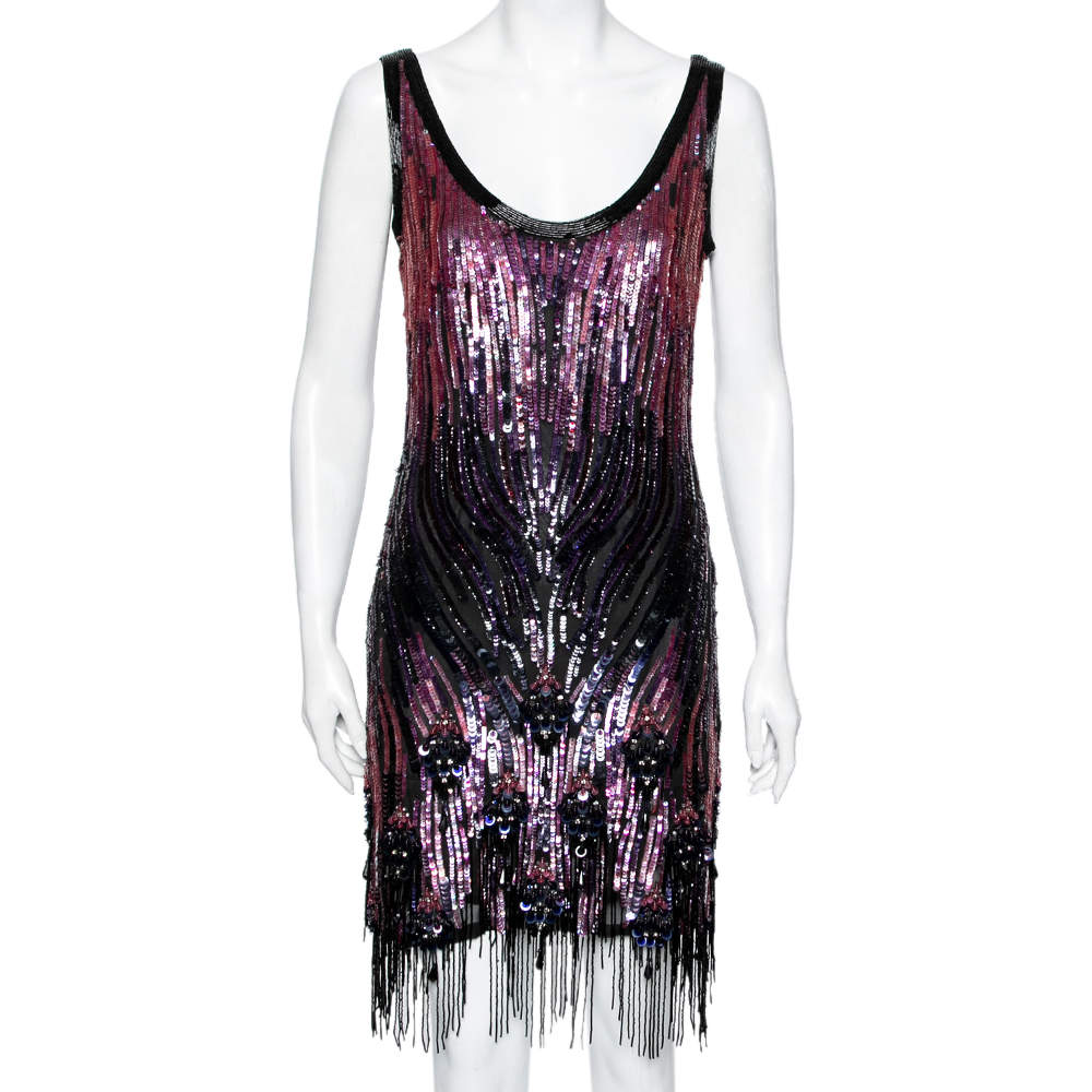 Pre Owned Roberto Cavalli Multicolor Sequin & Bead Embellished Sleeveless Dress M 