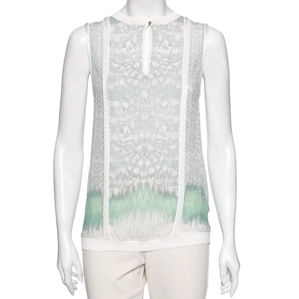 Pre Owned Roberto Cavalli Green Python and Lizard Printed Silk Sleeveless Top M