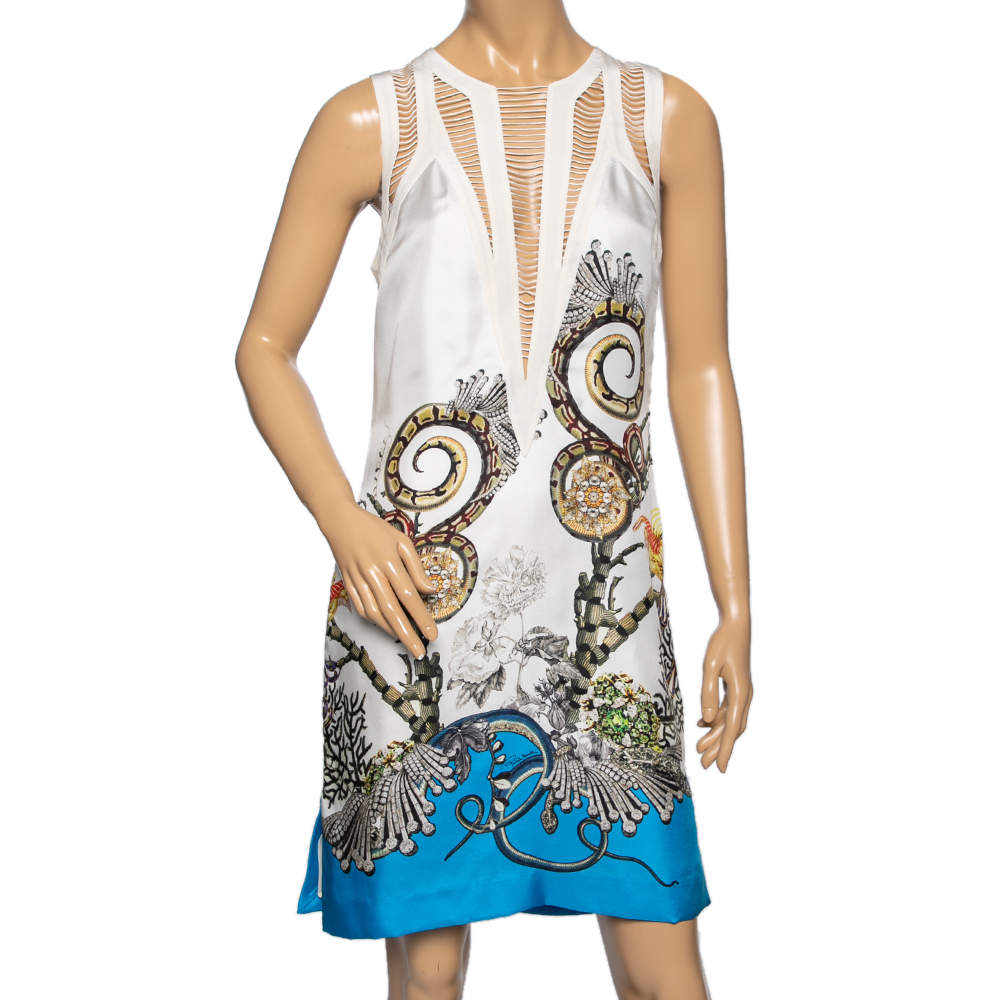 Pre Owned Roberto Cavalli White Printed Silk Swing Trim Sleeveless Dress M