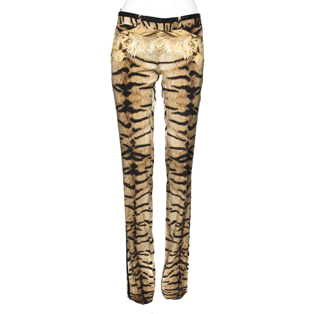 Pre Owned بنطلون روبرتو كافالي حرير سترتش نقشة الفهد بيج مقاس متوسط - ميديوم