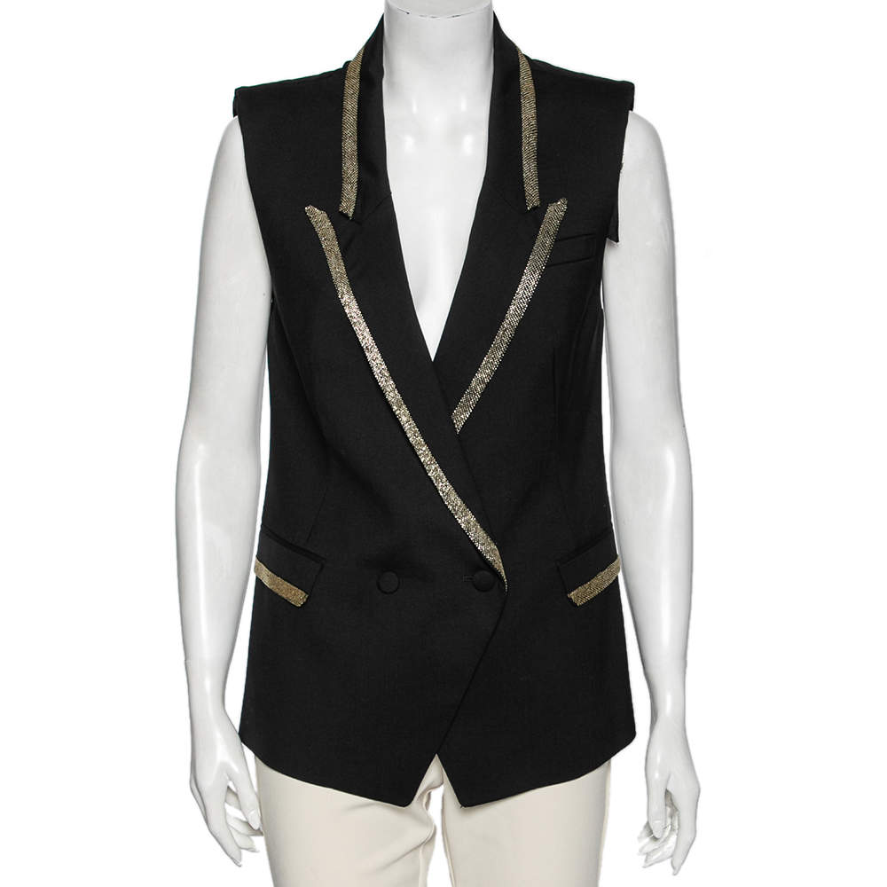 Pre Owned Roberto Cavalli Black Wool Embellished Detail Sleeveless Blazer M