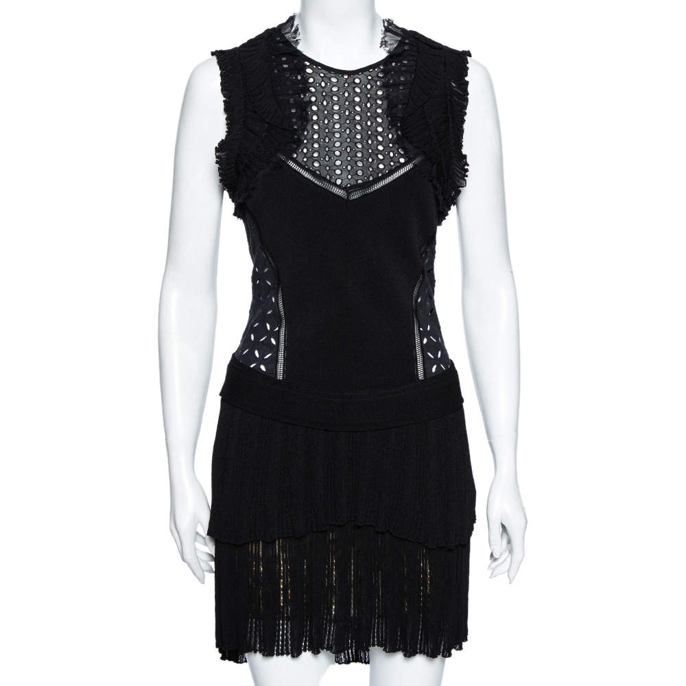 Pre Owned Roberto Cavalli Black Eyelet Knit & Silk Inset Ruffled Dress M