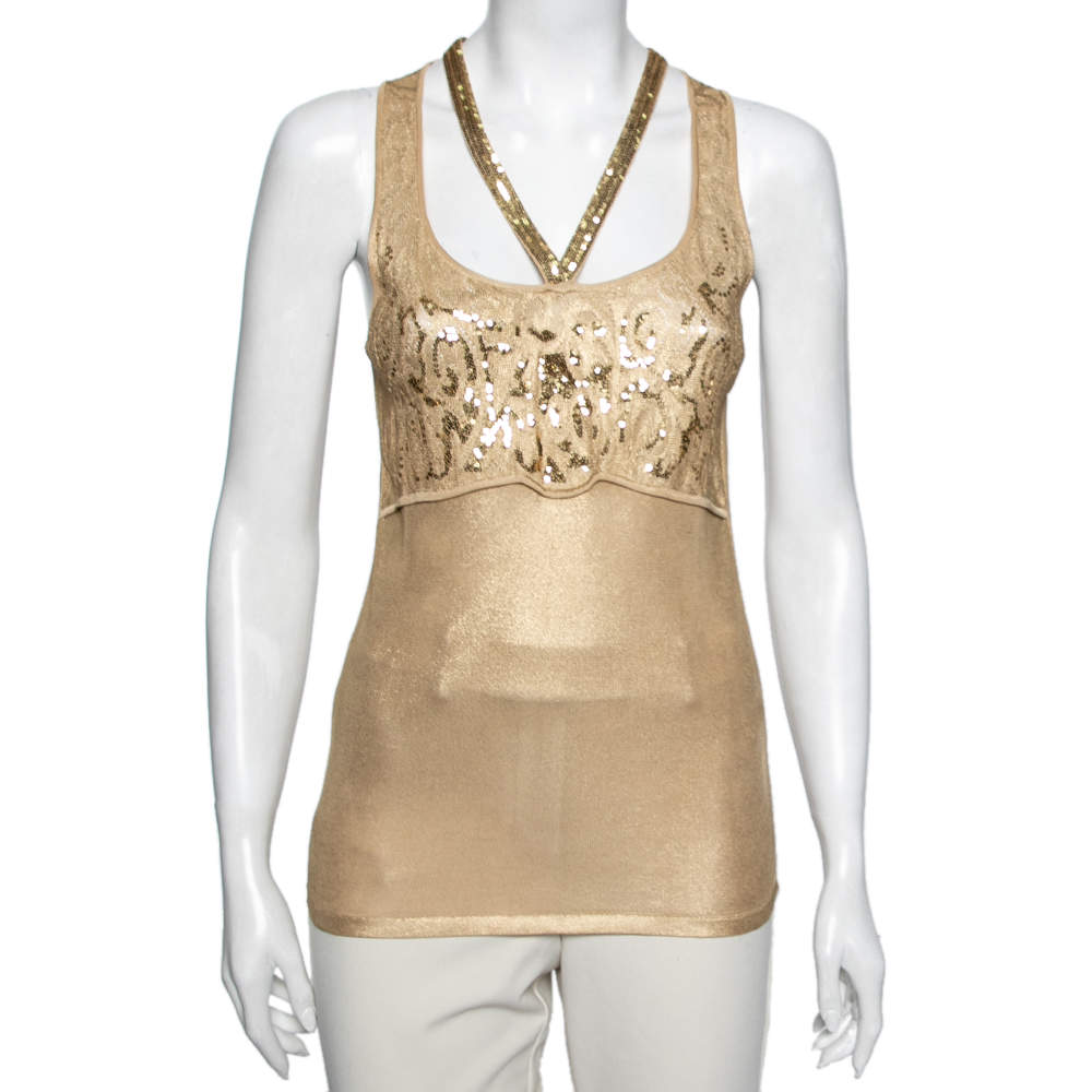 مملوكة مسبقًا Roberto Cavalli Gold Knit Sequin Embellished Sleeveless Top M 