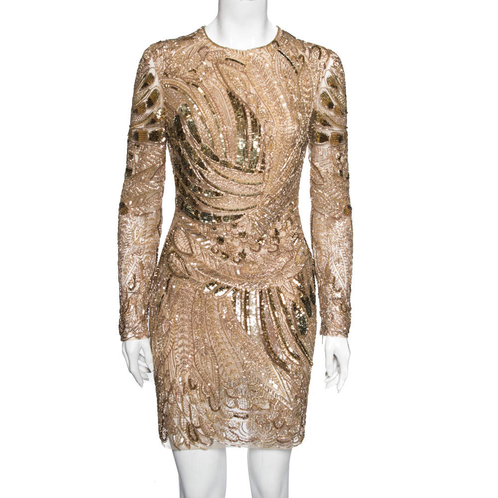 Roberto Cavalli Gold Embellished Tulle Long Sleeve Dress M Roberto ...