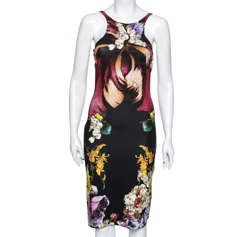 مملوكة مسبقًا Roberto Cavalli Multicolor Printed Jersey Draped Sheath Dress M 
