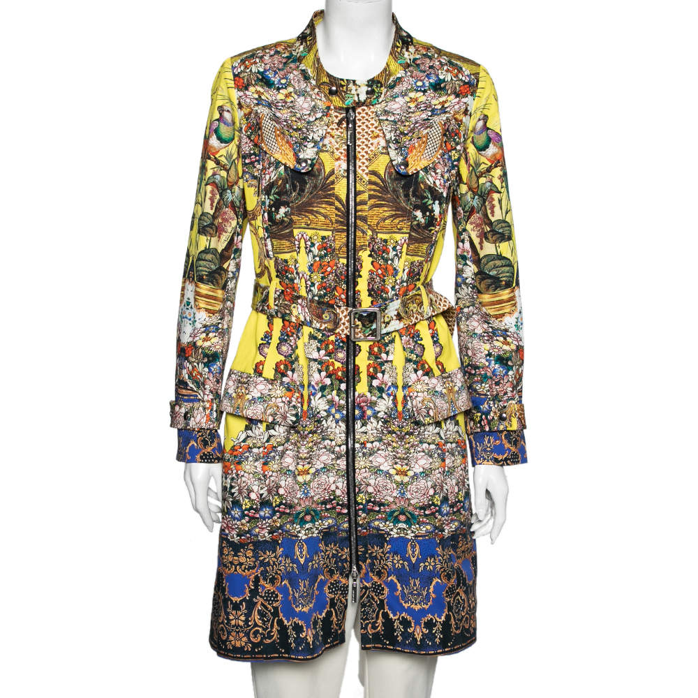 Pre Owned Roberto Cavalli Yellow Printed Cotton Canvas Zip Front Belted Coat M