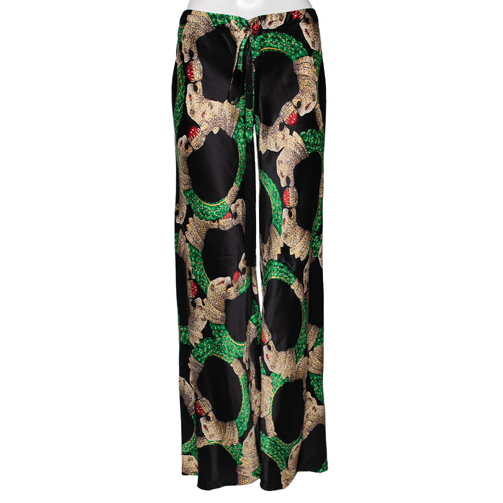 Pre Owned Roberto Cavalli Multicolor printed Silk Satin Flared Leg Pants S