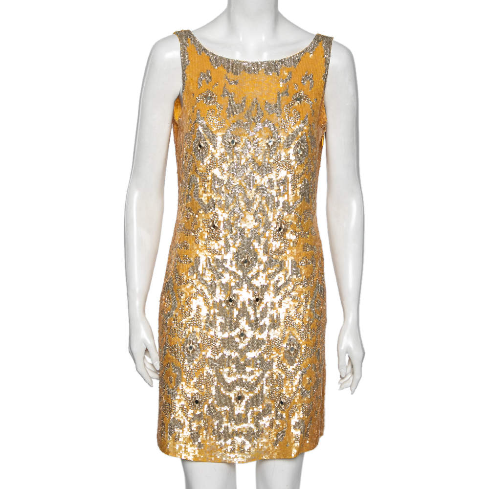 Pre Owned توب روبيرتو كافاللي حرير أصفر مزخرف ترتر مقاس وسط ( ميديوم )