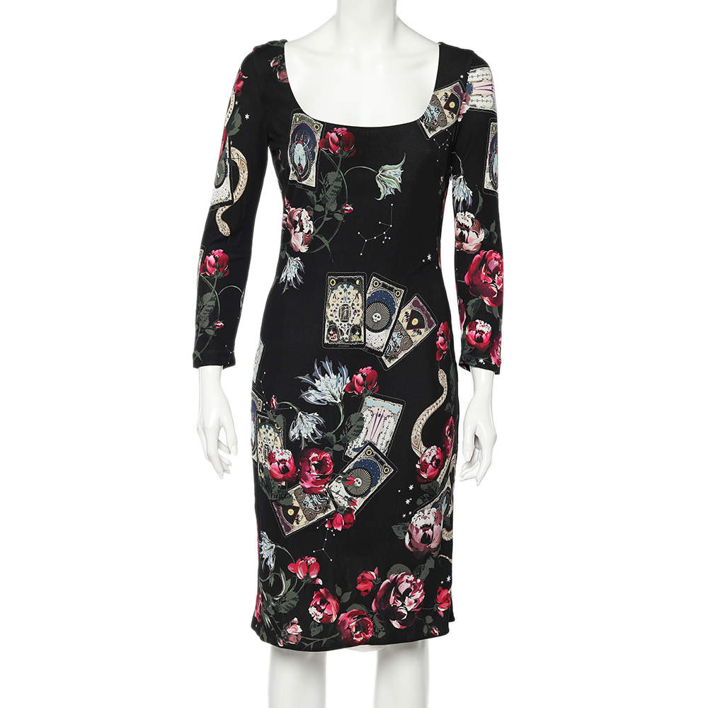 Pre Owned Roberto Cavalli Black Tarot Cards Printed Jersey Scoop Neck Sheath Dress M