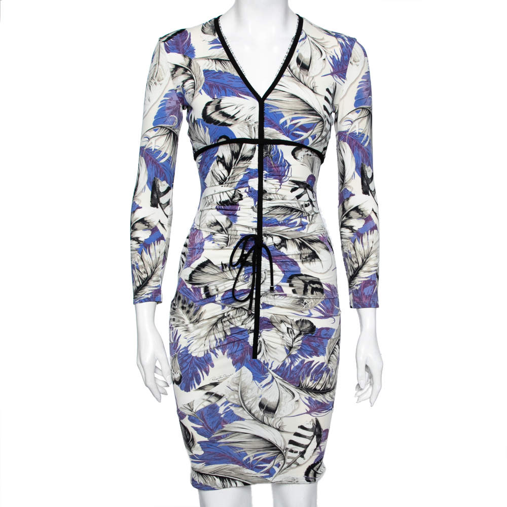 Pre Owned Roberto Cavalli Multicolor Floral Printed Jersey Ruched Midi Dress S