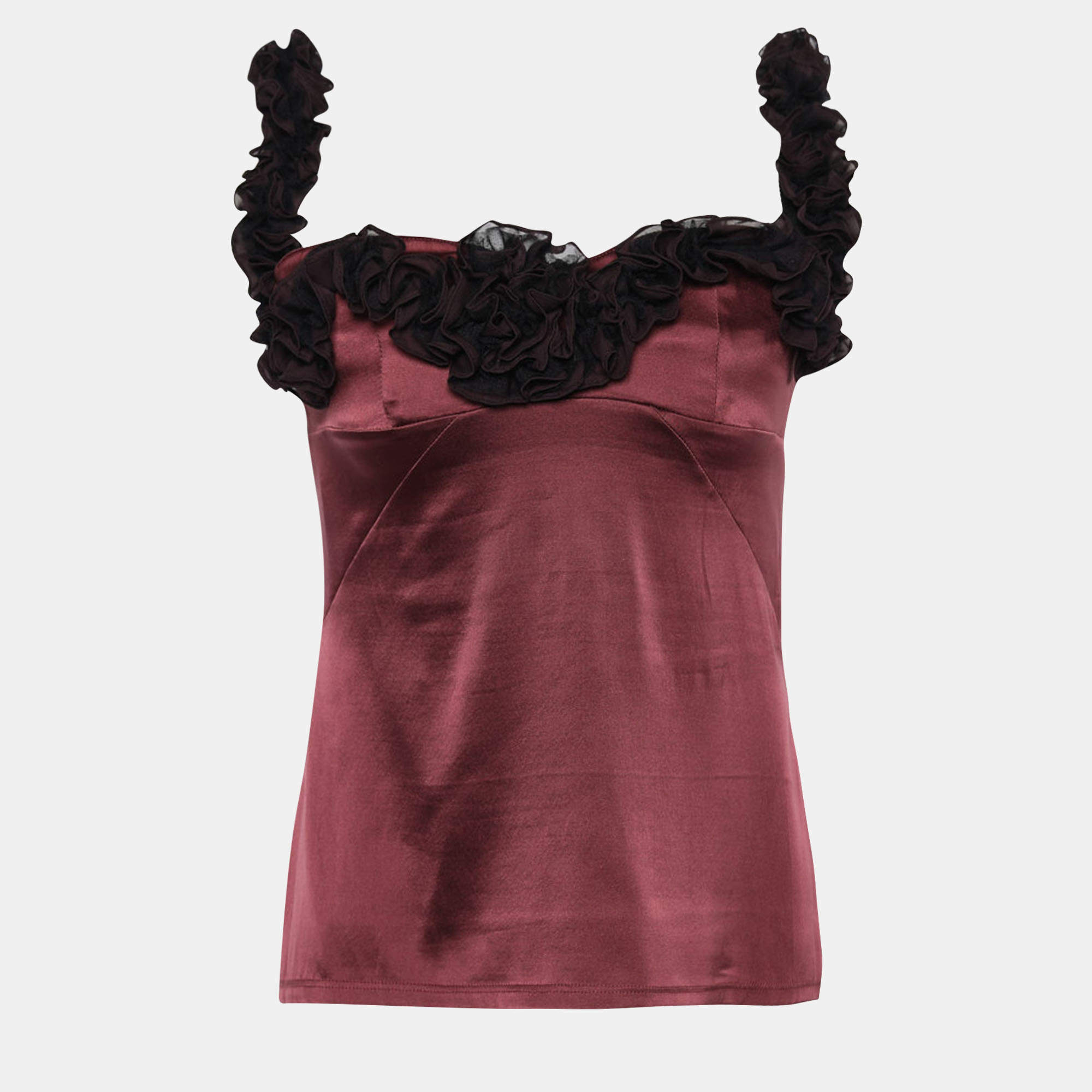 Pre Owned Roberto Cavalli Burgundy Satin Silk Ruffled Bustier Top M