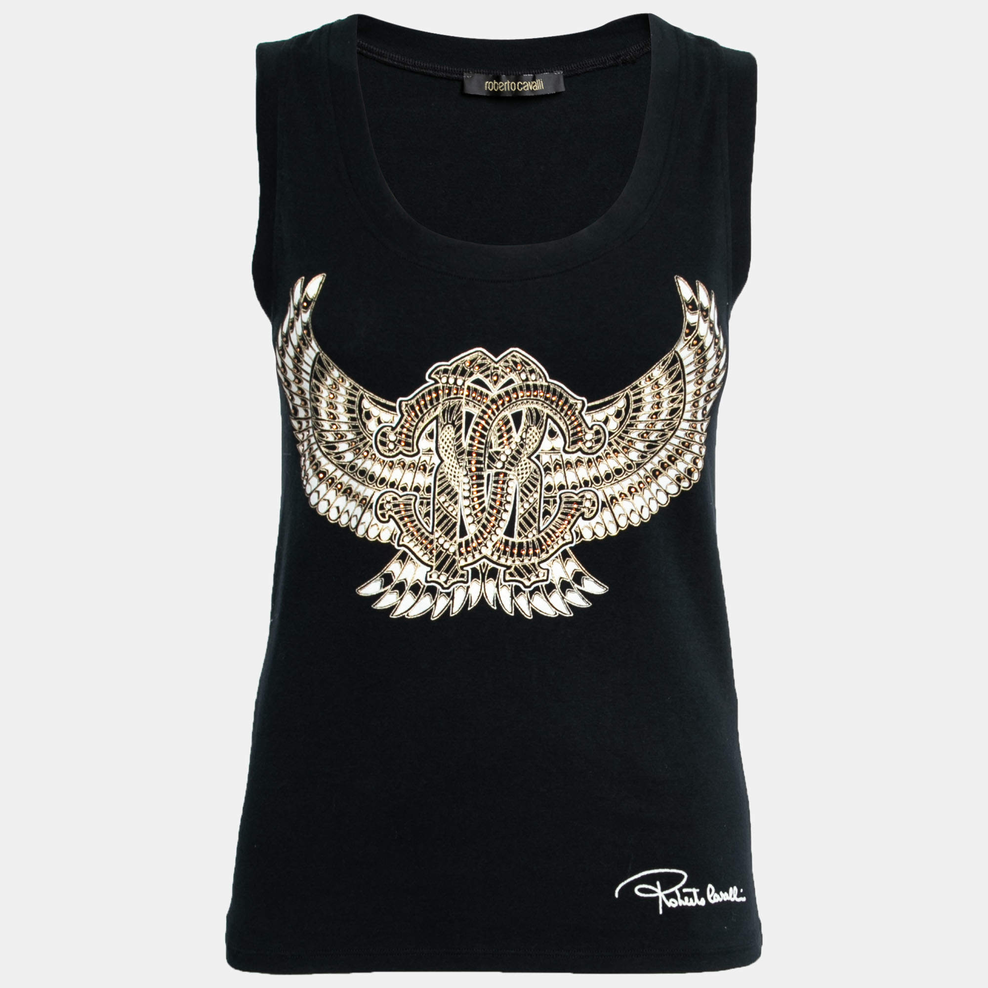 Pre Owned Roberto Cavalli Black Stretch Cotton Printed Tank Top L