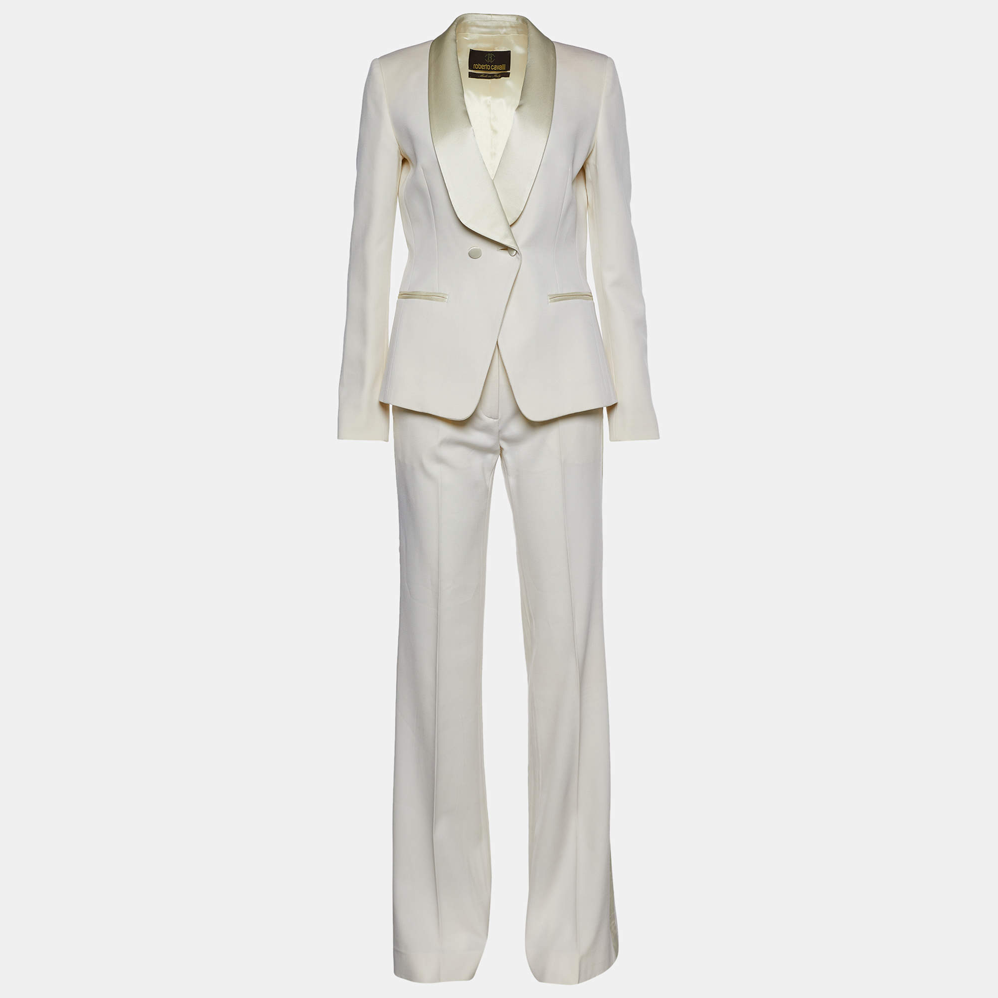 Pre Owned Roberto Cavalli Cream Stretch Wool Pant Suit S