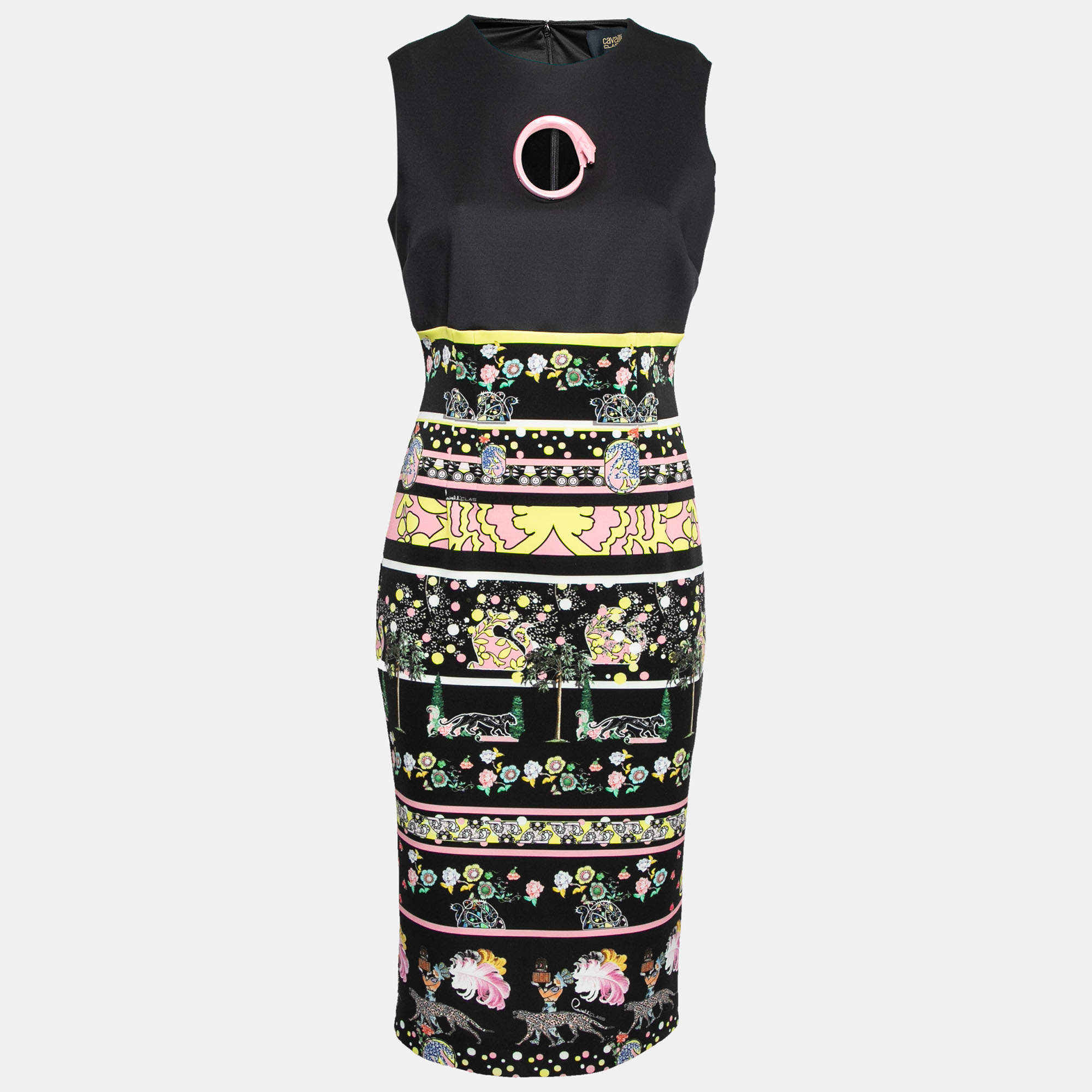 Pre Owned Cavalli Class Black Floral Printed Synthetic Sleeveless Dress M