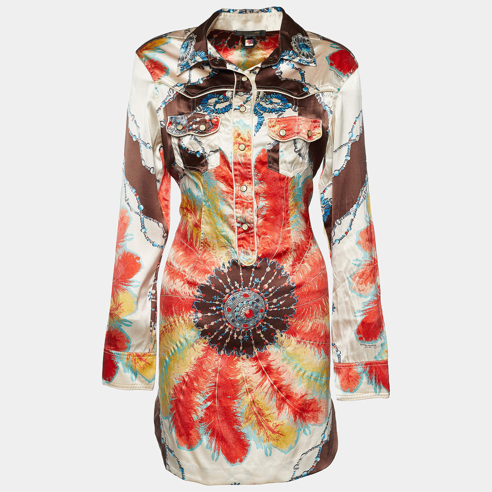 Pre Owned Roberto Cavalli Multicolor Bejeweled Feather Print Silk Tunic L