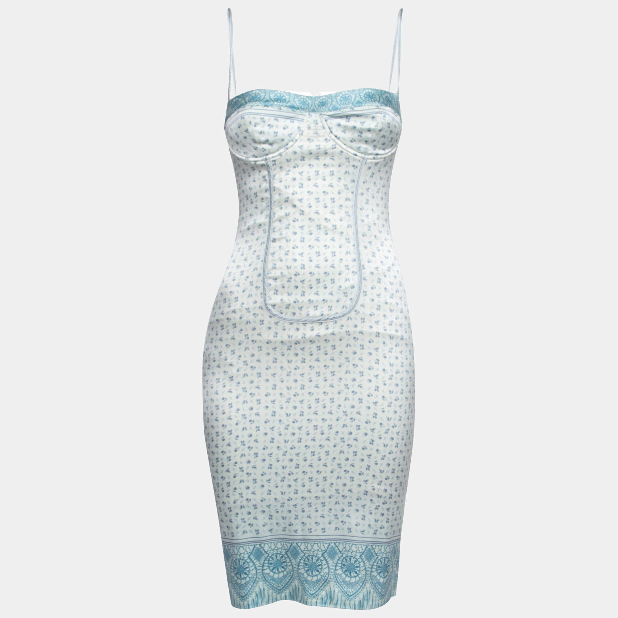 Pre Owned Roberto Cavalli Light Blue Printed Satin Sleeveless Dress S