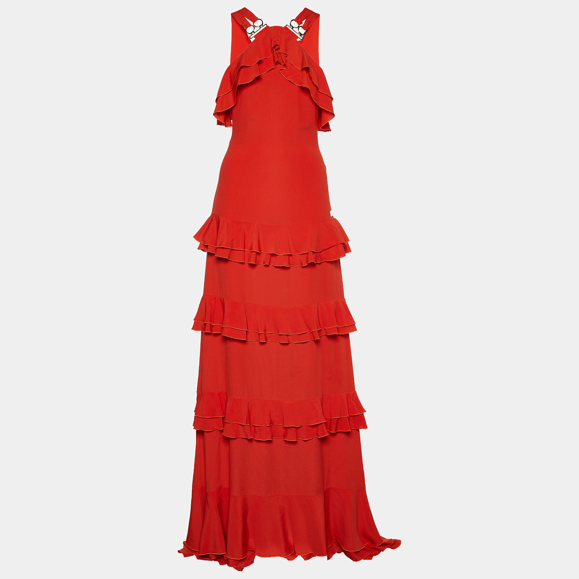 مملوكة مسبقًا Cavalli Class Orange Crepe Ruffle Tiered Maxi Dress S