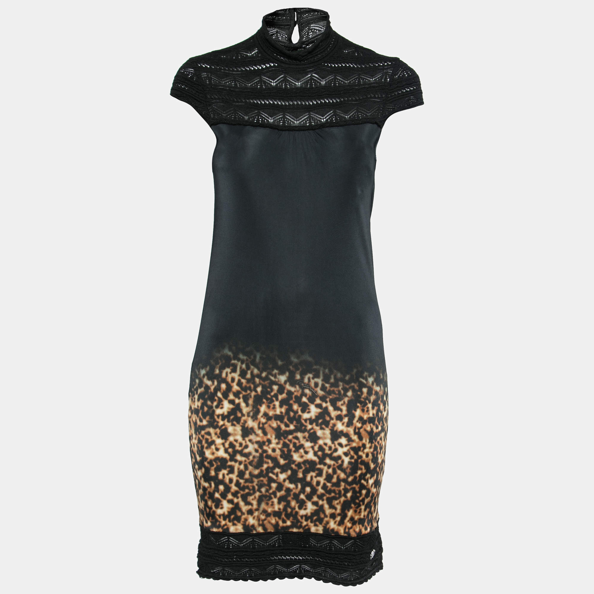 Pre Owned فستان روبرتو كافالي صوف وجيرسي أسود بظهر مفتوح مقاس صغير