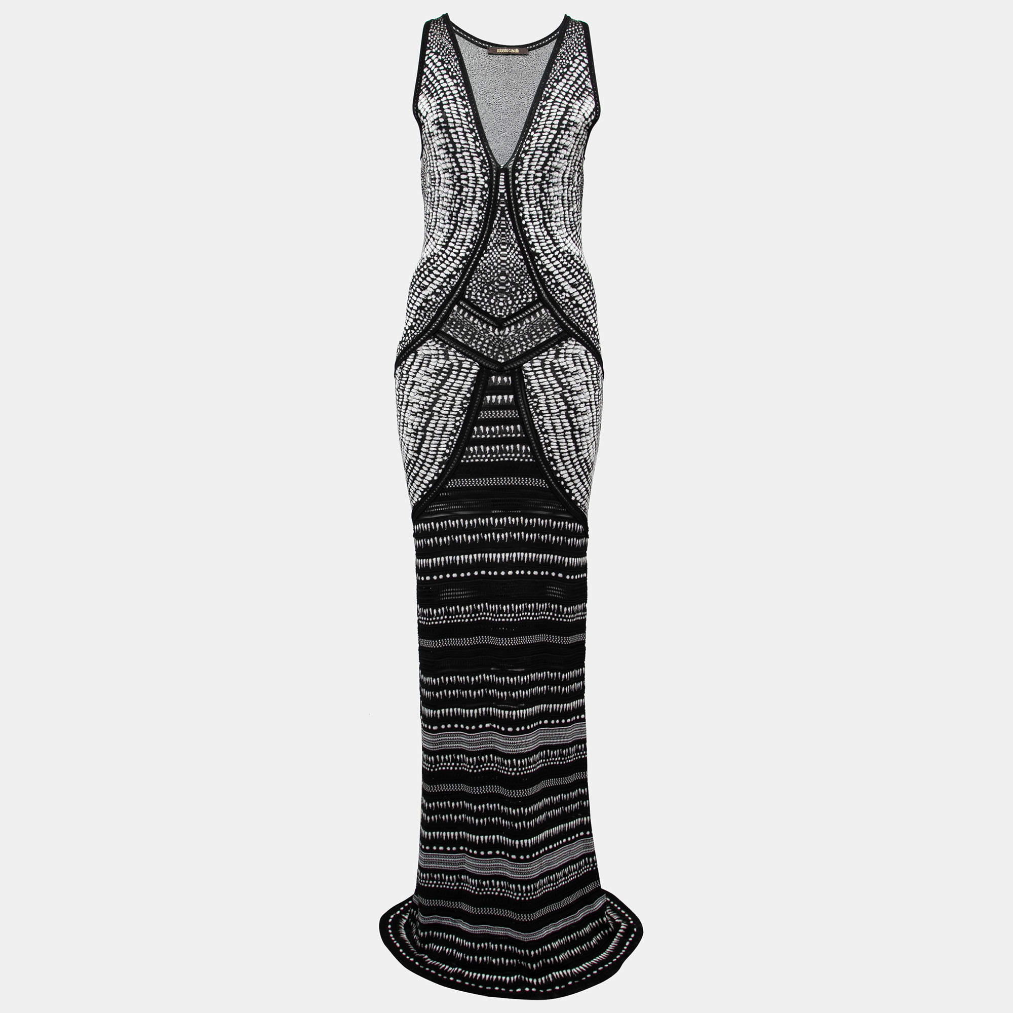 Pre Owned Roberto Cavalli Black and White Patterned Knit V Neck Maxi Dress M