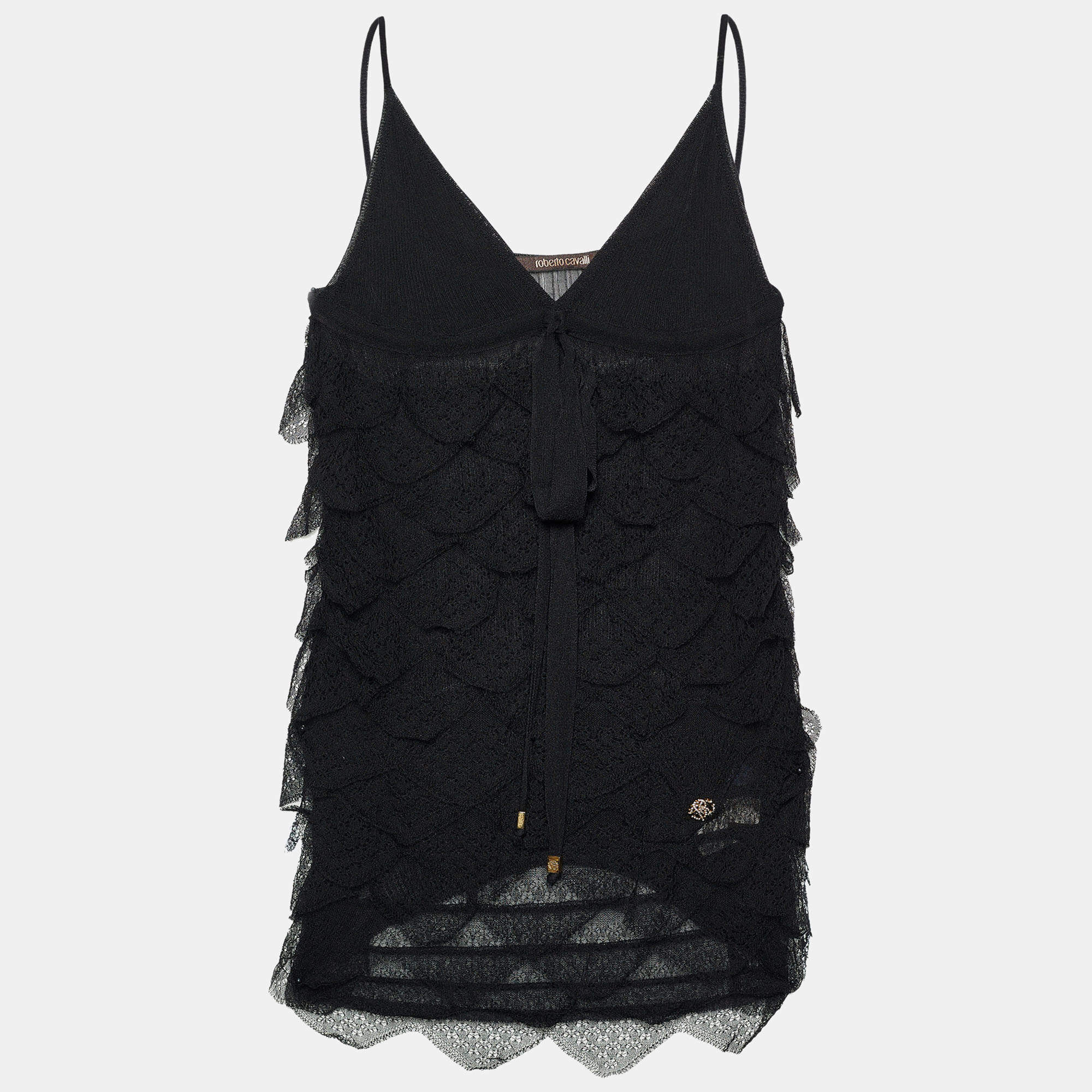 Pre Owned Roberto Cavalli Black Lace Frill Detail Sleeveless Top S
