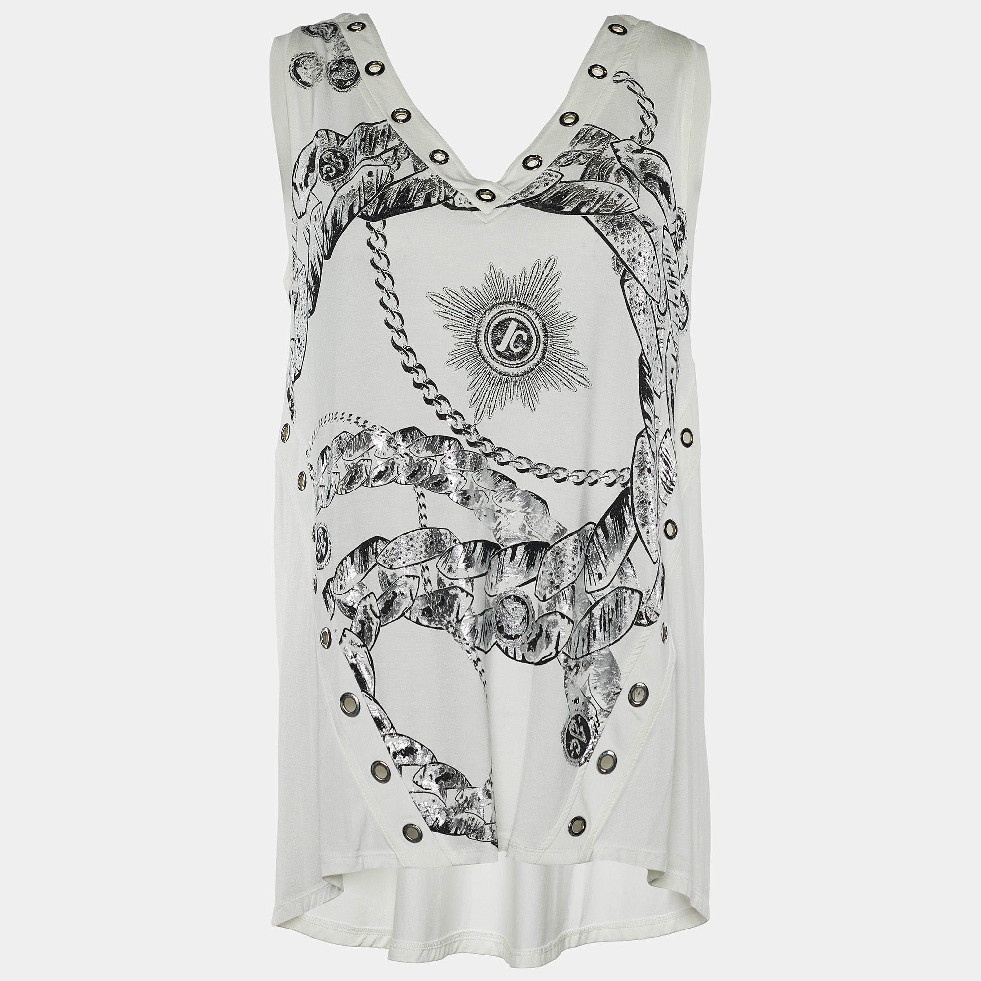 Pre Owned Roberto Cavalli White Printed Jersey Eyelet Top S