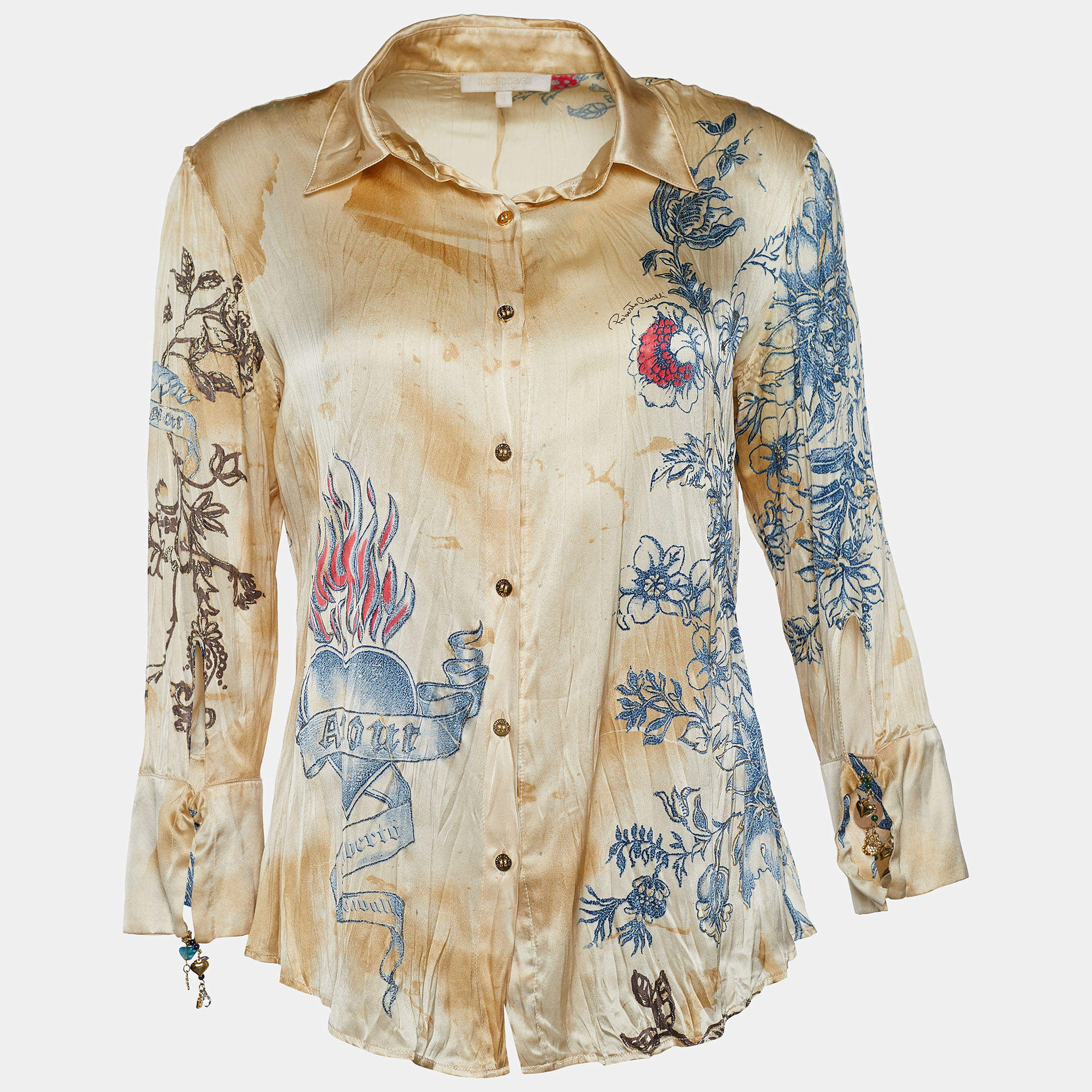 Pre Owned Roberto Cavalli Beige Printed Silk Button Front Shirt S