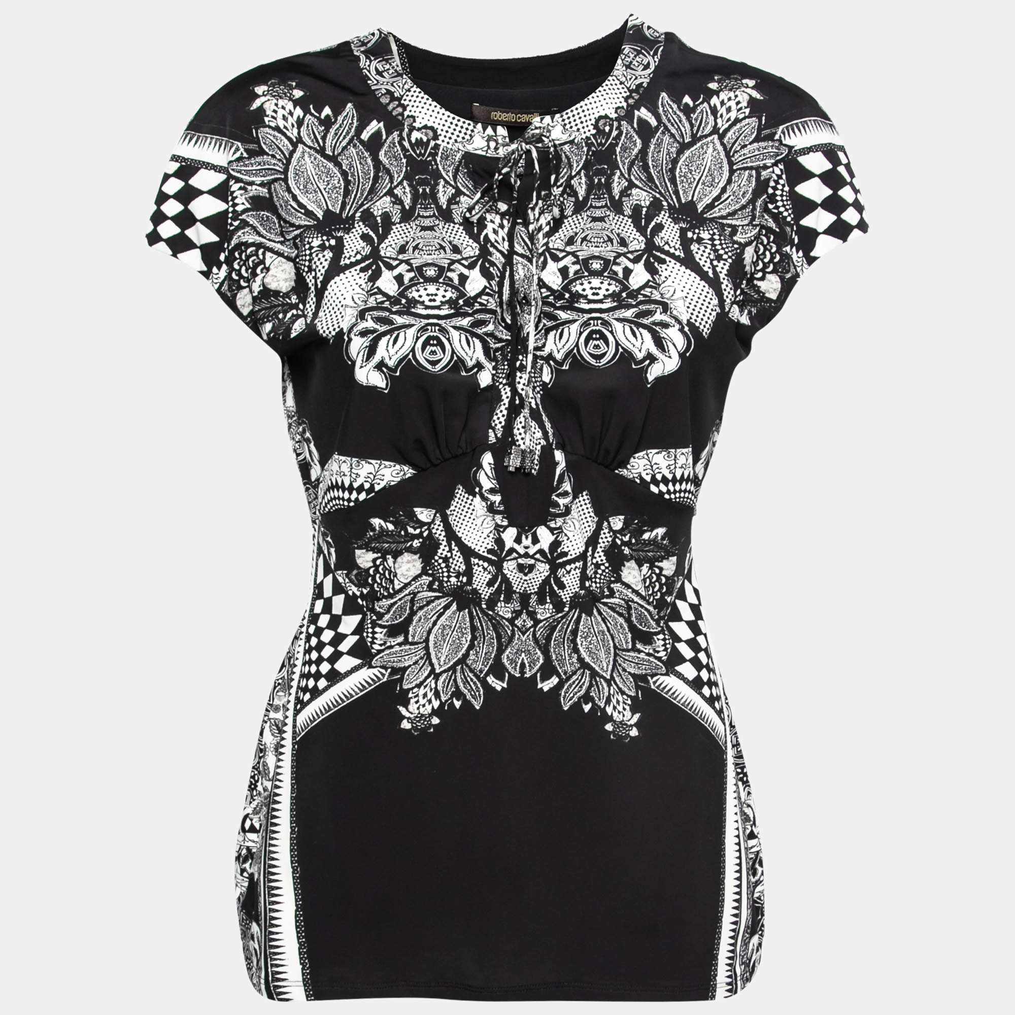 Pre Owned Roberto Cavalli Monochrome Printed Jersey Top L