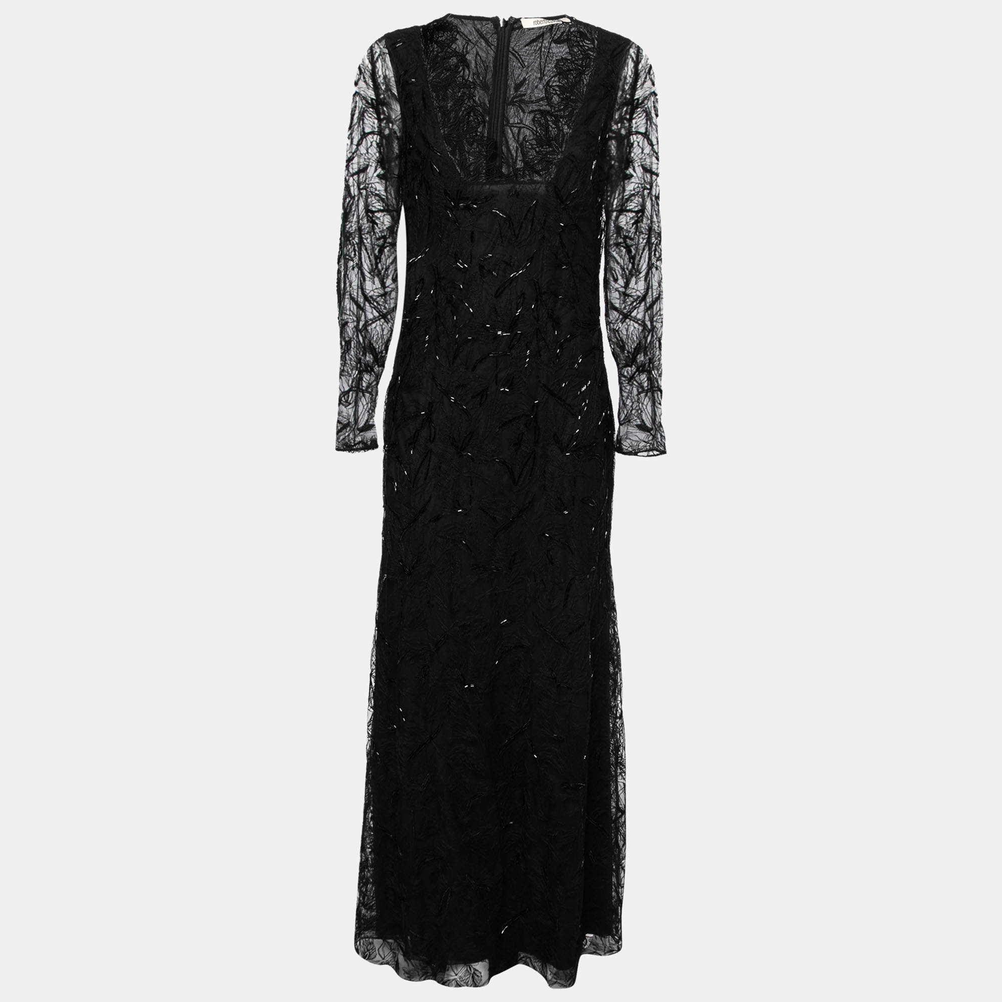 Pre Owned Roberto Cavalli Black Mesh Sequin and Lace Embellished Maxi Dress M