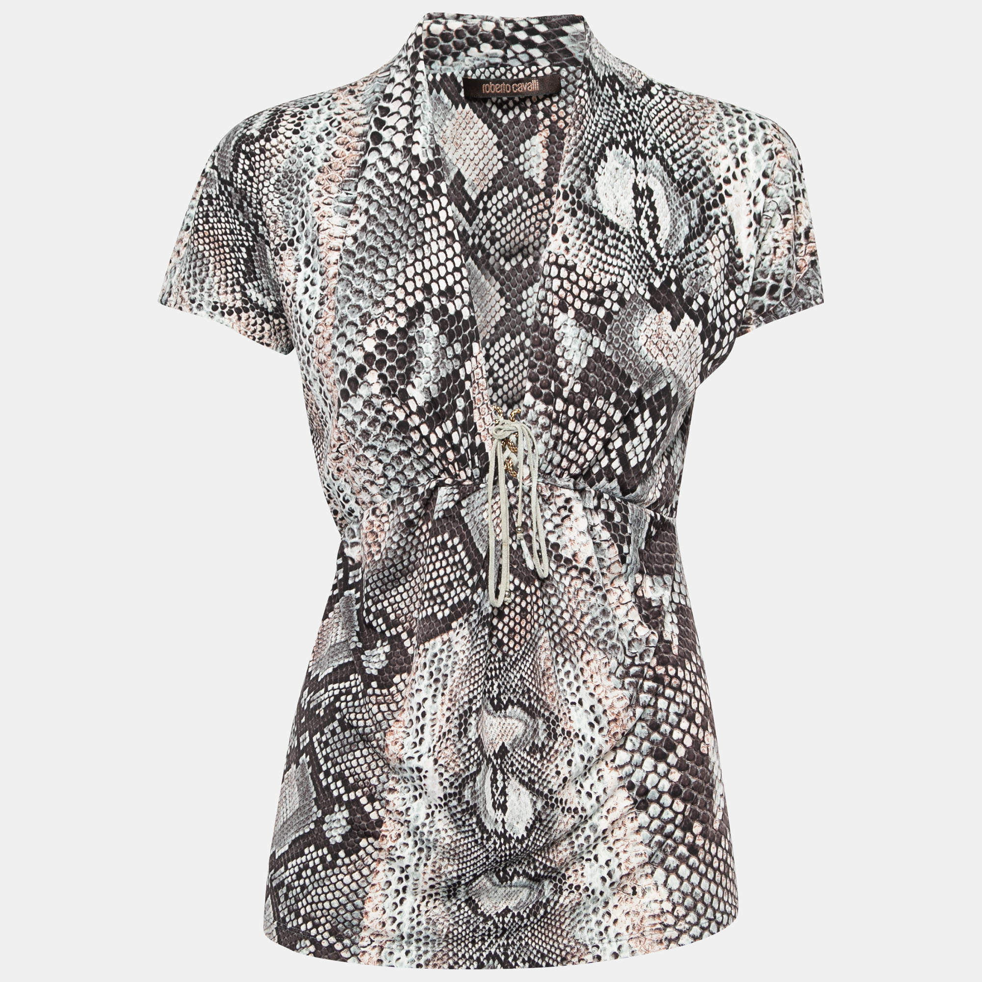 Pre Owned Roberto Cavalli Grey Snakeskin Print Knit V Neck Blouse M