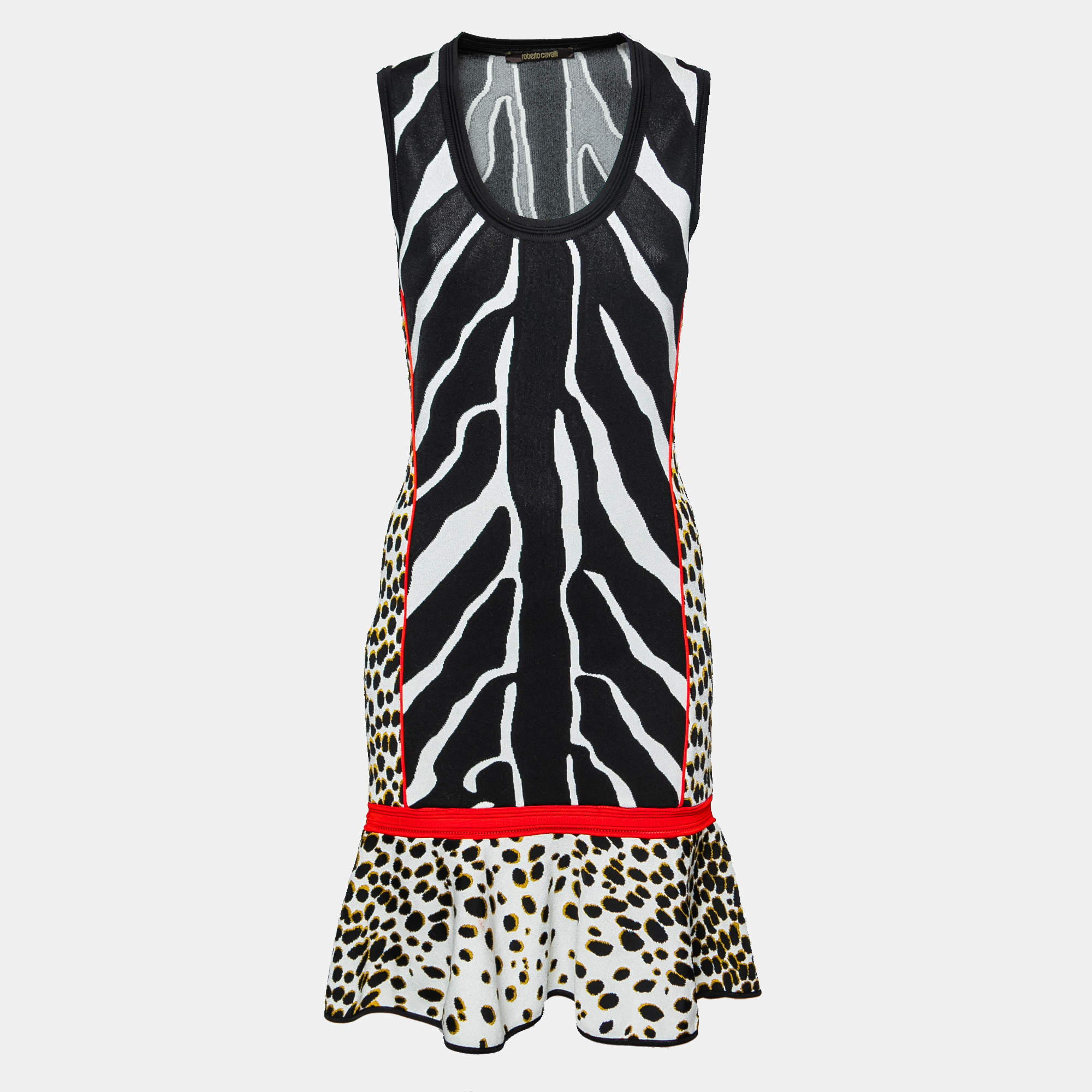 مملوكة مسبقًا Roberto Cavalli Multicolor Animal Printed Knit Ruffle Hem Sleeveless Dress M
