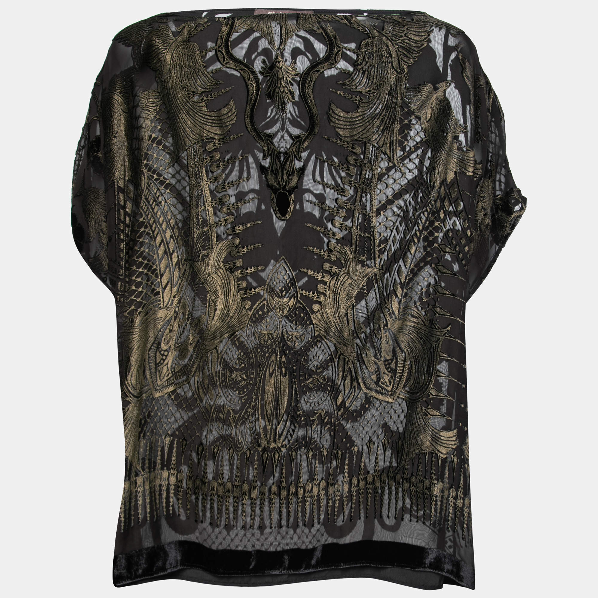 Pre Owned Roberto Cavalli Brown Silk & Velvet Floral Patterned Blouse M 