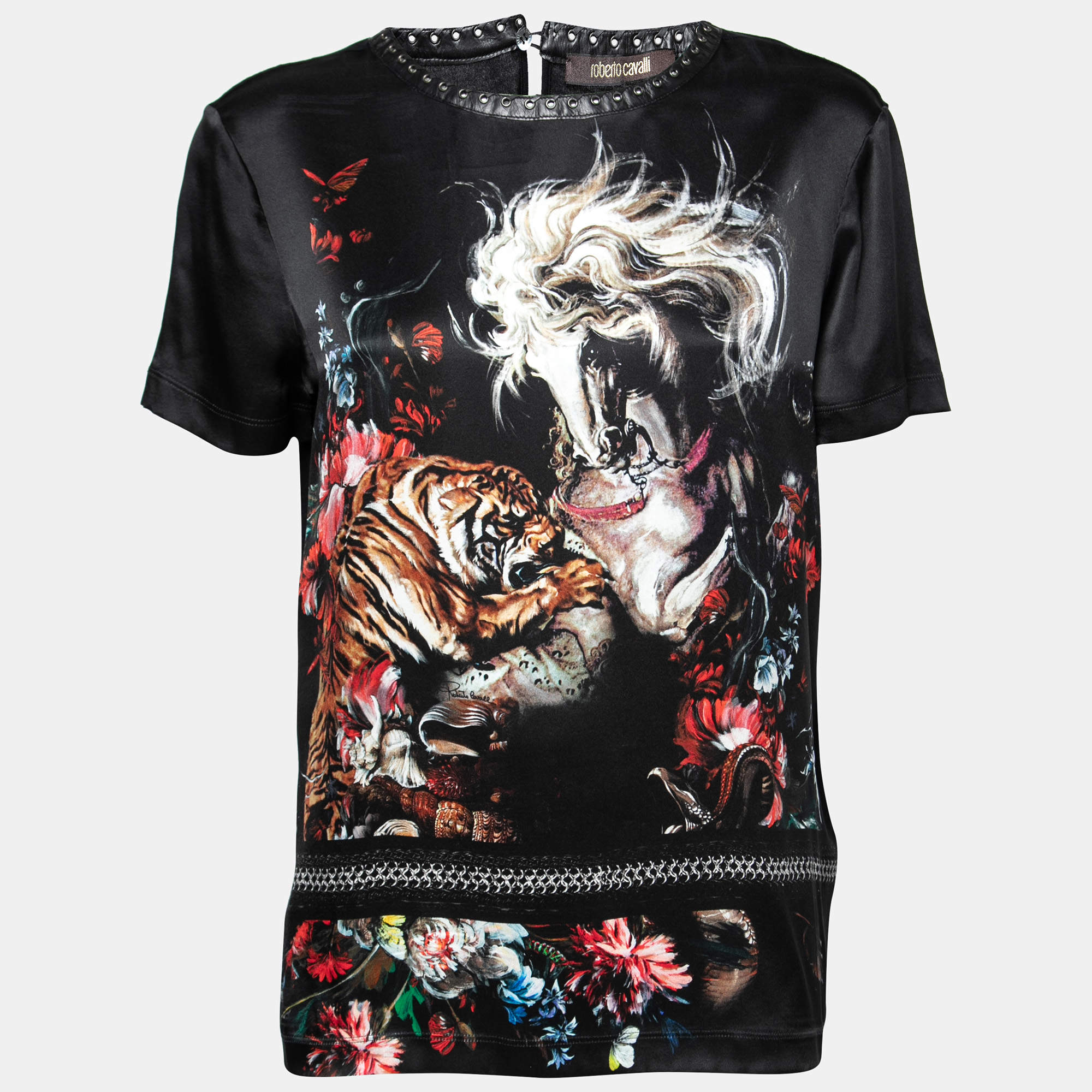 Pre Owned Roberto Cavalli Black Printed Silk & Jersey Short Sleeve T-Shirt M