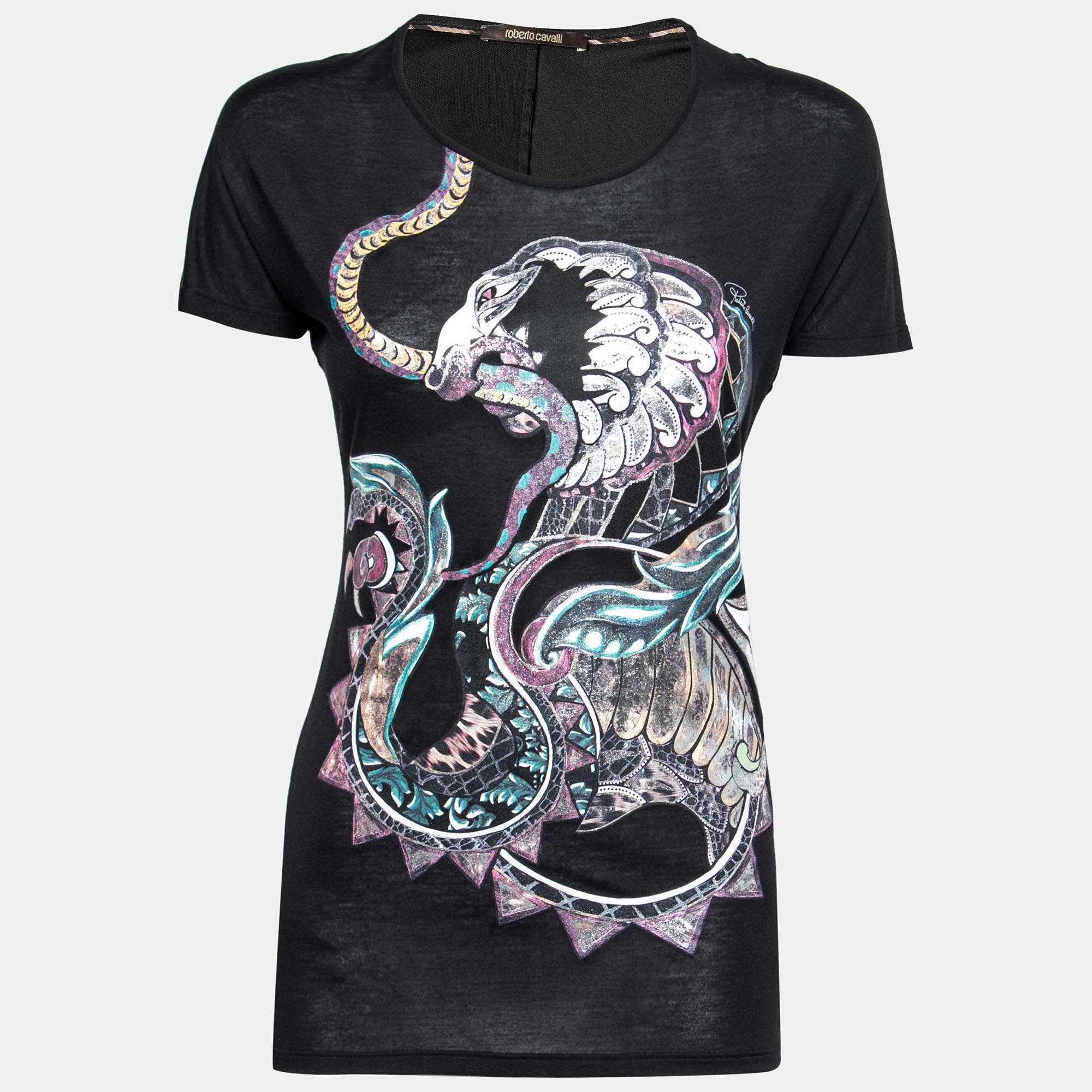 Pre Owned Roberto Cavalli Black Graphic Print Jersey T-Shirt S