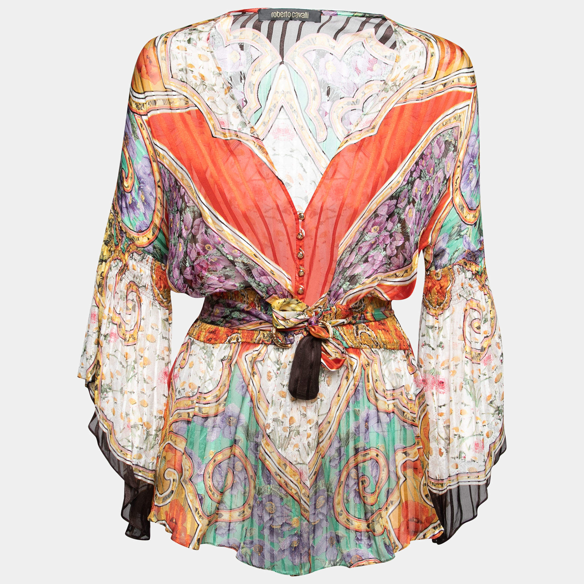 Pre Owned Roberto Cavalli Multicolor Printed Silk Smocked Belted Waist Blouse M