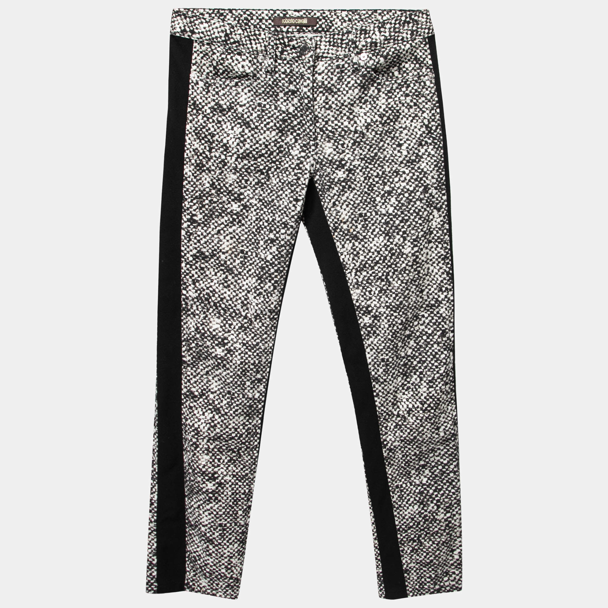 Pre Owned Roberto Cavalli Monochrome Printed Cotton Knit Trimmed Slim Fit Jeans M Waist 31"