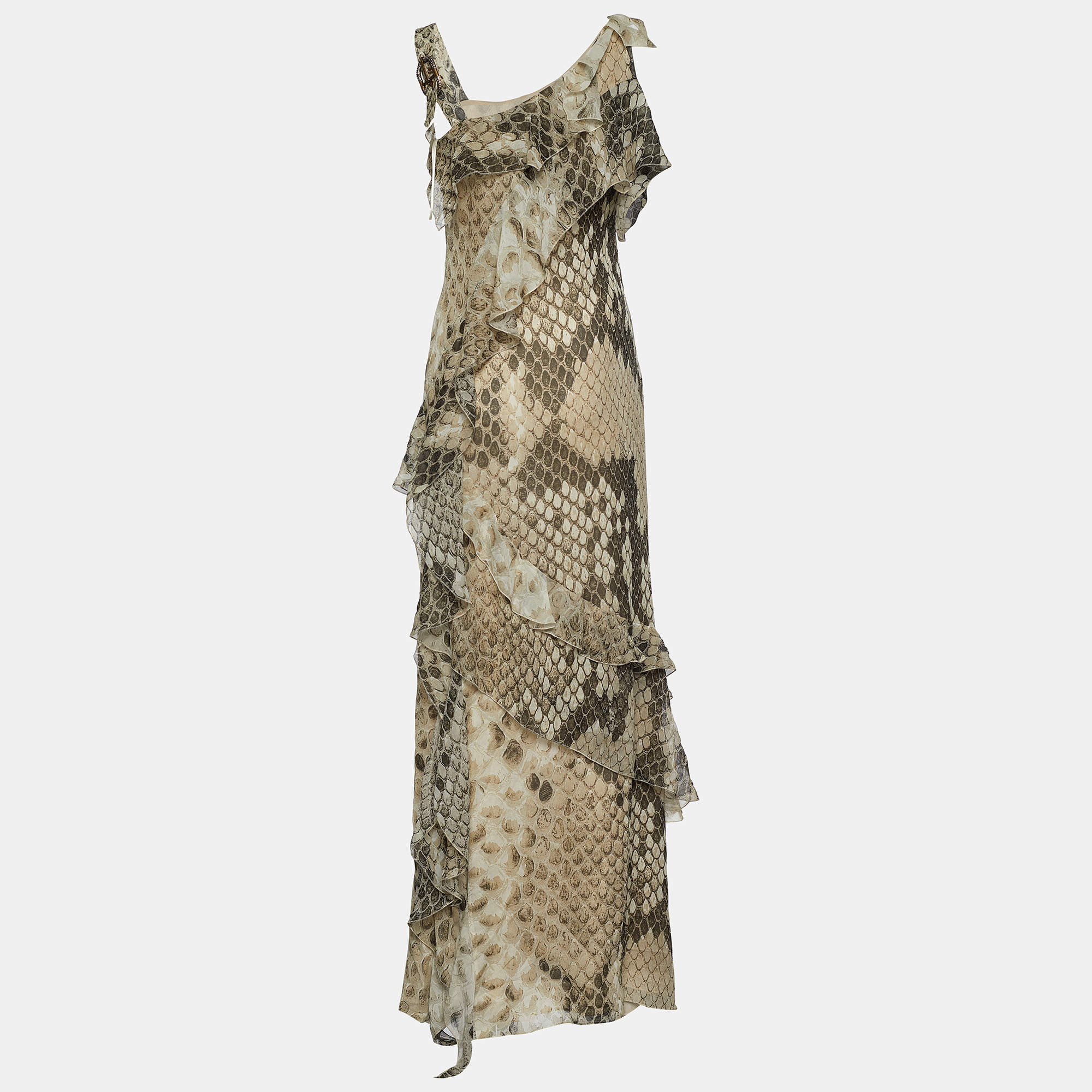 Pre Owned Roberto Cavalli Beige Snakeskin Print Silk Asymmetric Maxi Dress M