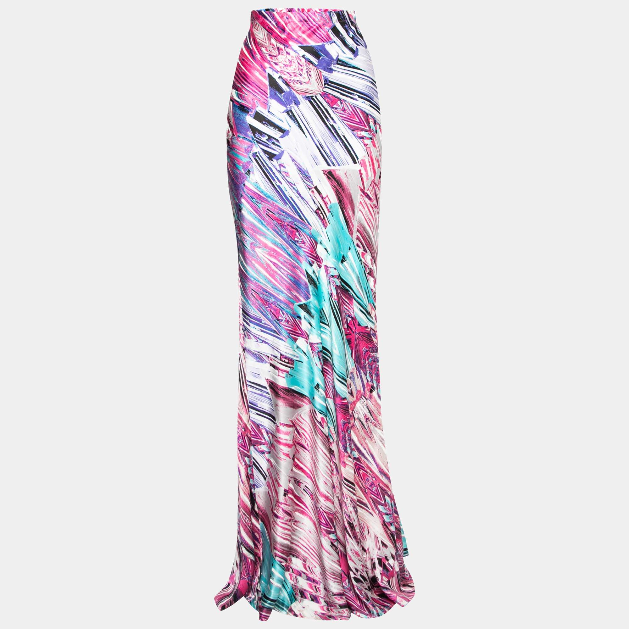 Pre Owned Roberto Cavalli Pink Multicolor Abstract Print Silk Maxi Skirt M