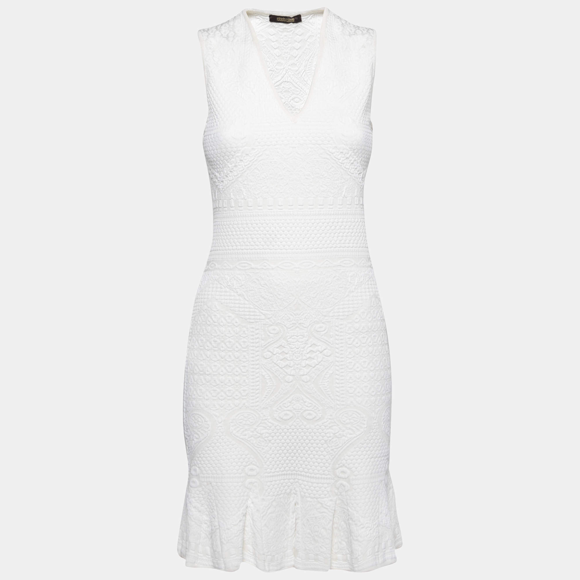 Pre Owned Roberto Cavalli White Patterned Knit Sleeveless V-Neck Dress M