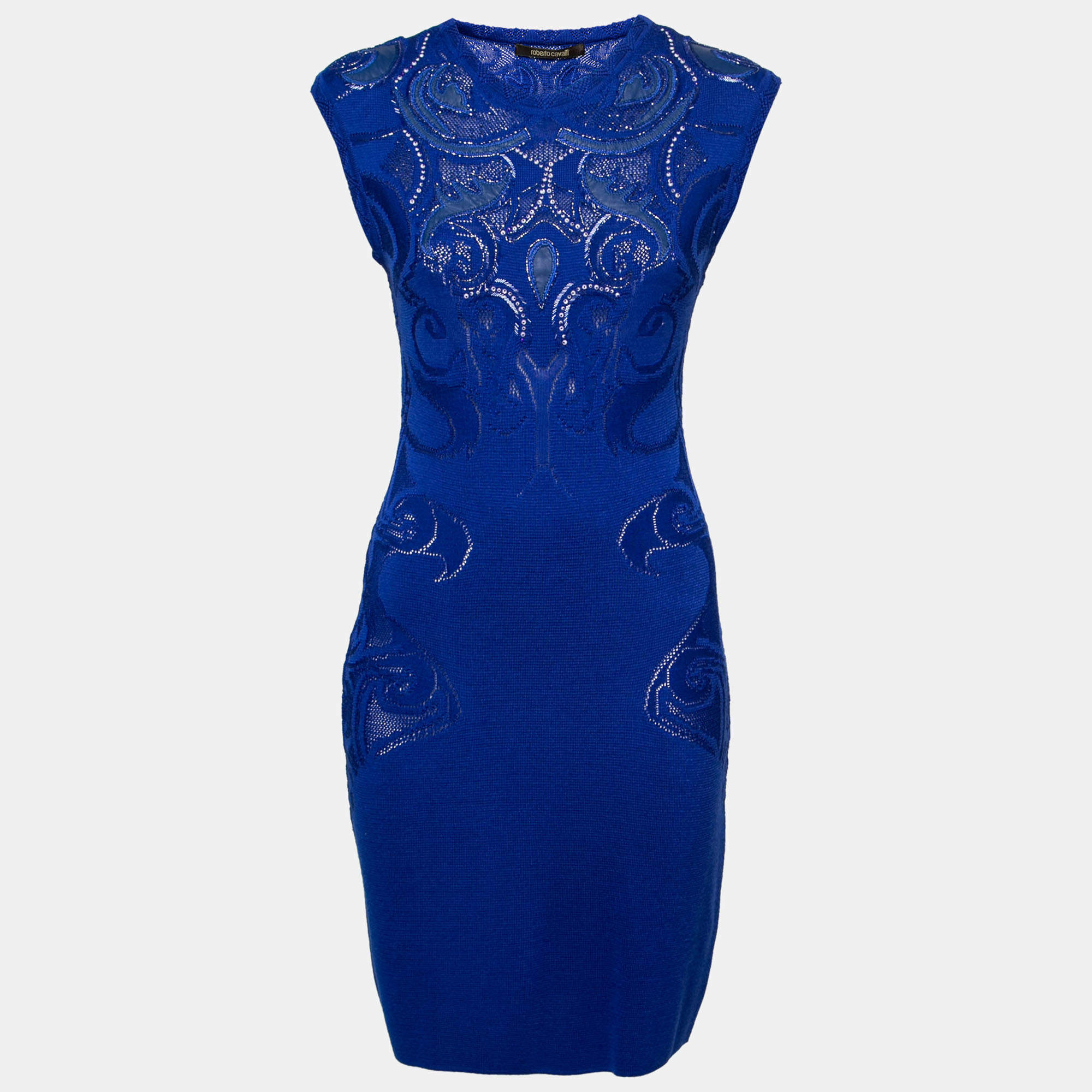 Pre Owned Roberto Cavalli Blue Knit Embellished Midi Dress M